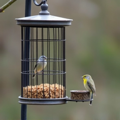 Cylindrical suet cage beside bird table