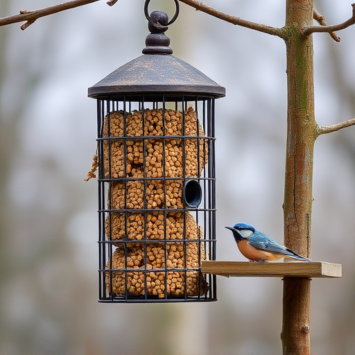 Cylindrical suet cage beside bird table