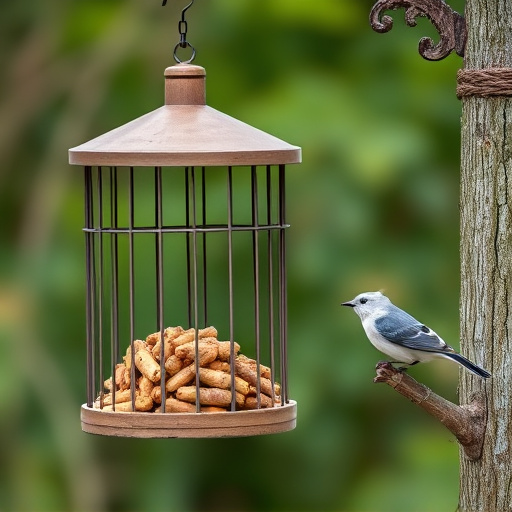 Cylindrical suet cage beside bird table