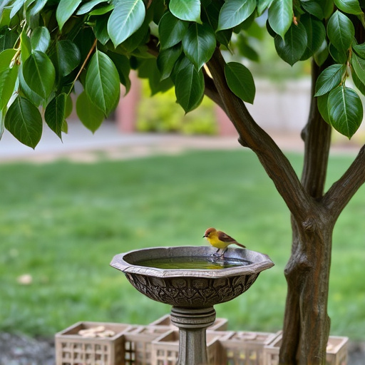 Decorative bird bath under leafy tree