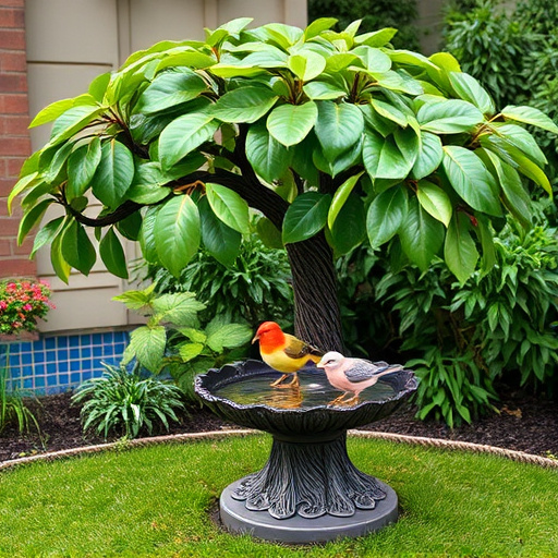 Decorative bird bath under leafy tree