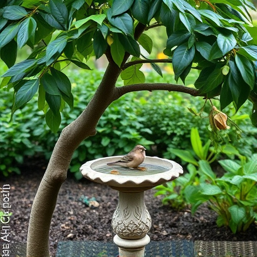 Decorative bird bath under leafy tree