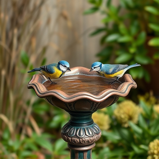 Decorative bird bath with blue tits bathing