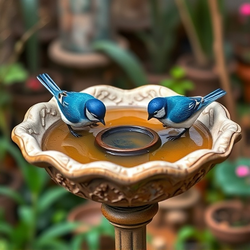 Decorative bird bath with blue tits bathing