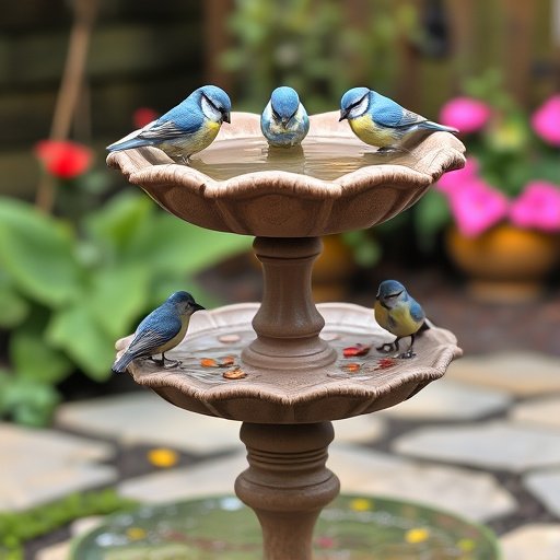 Decorative bird bath with blue tits bathing