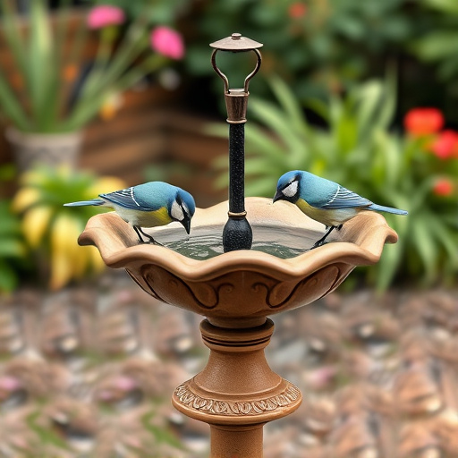 Decorative bird bath with blue tits bathing