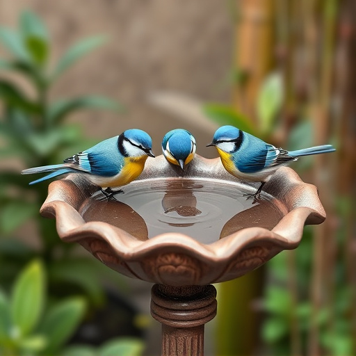 Decorative bird bath with blue tits bathing