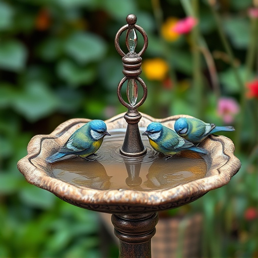 Decorative bird bath with blue tits bathing