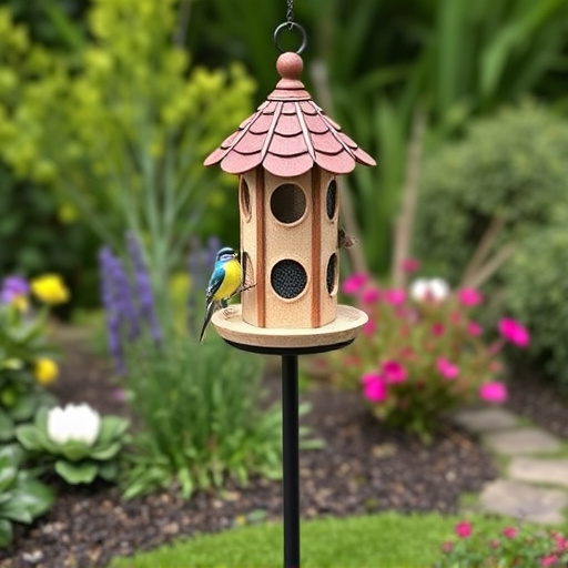 Decorative bird feeder standing in garden