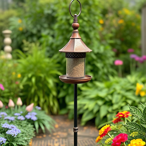 Decorative bird feeder standing in garden