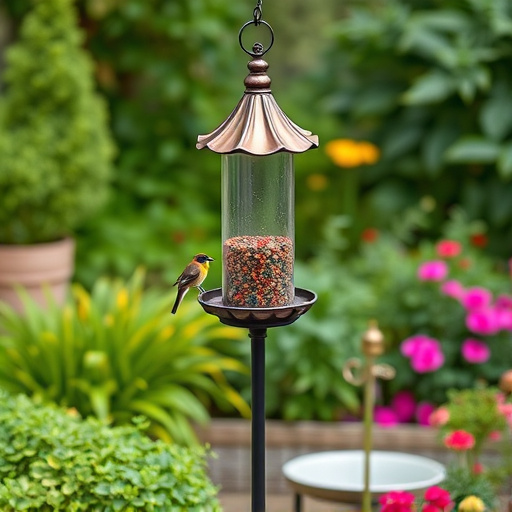 Decorative bird feeder standing in garden