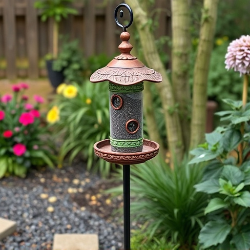 Decorative bird feeder standing in garden