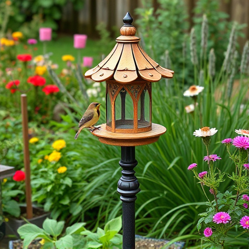 Decorative bird feeder standing in garden