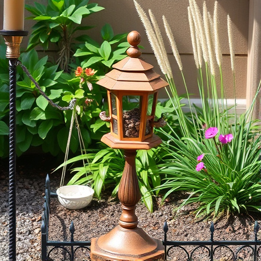 Decorative bird feeder standing in garden