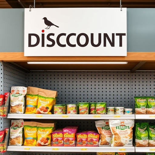 Discount sign above bird food shelf