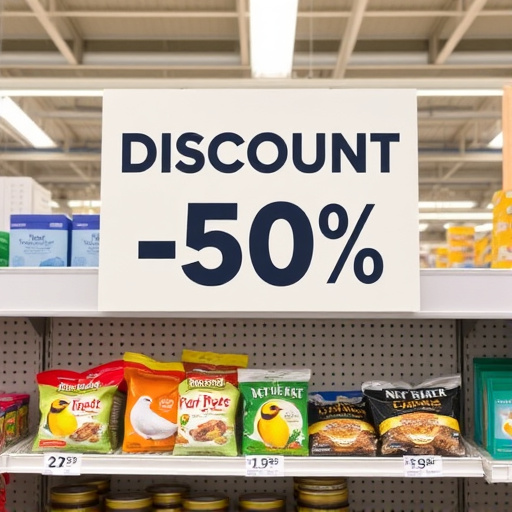 Discount sign above bird food shelf