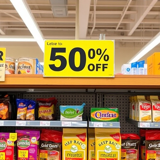 Discount sign above bird food shelf