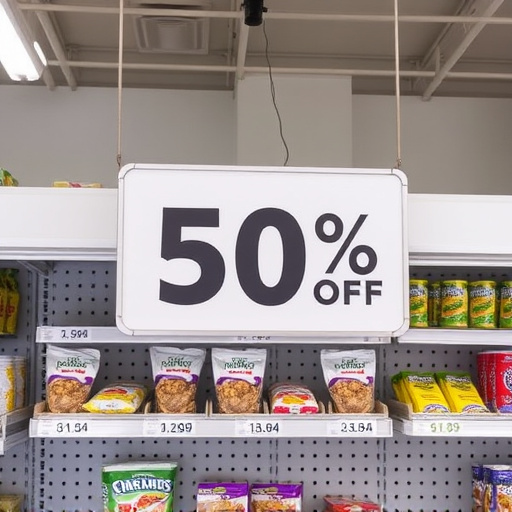 Discount sign above bird food shelf