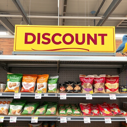 Discount sign above bird food shelf