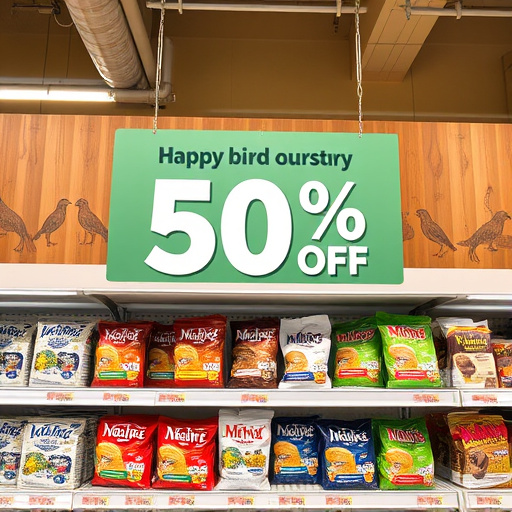 Discount sign above bird food shelf
