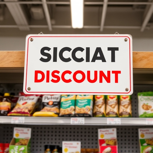 Discount sign above bird food shelf