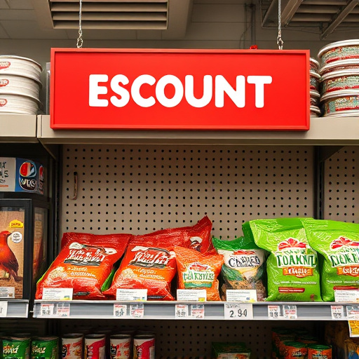 Discount sign above bird food shelf