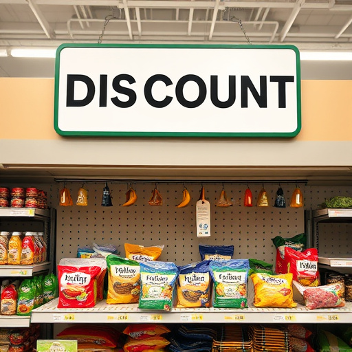 Discount sign above bird food shelf