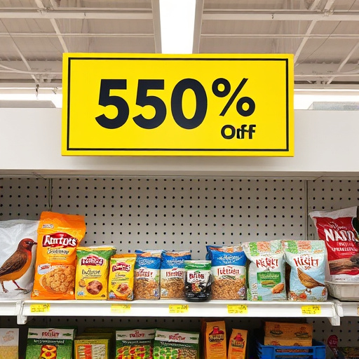 Discount sign above bird food shelf