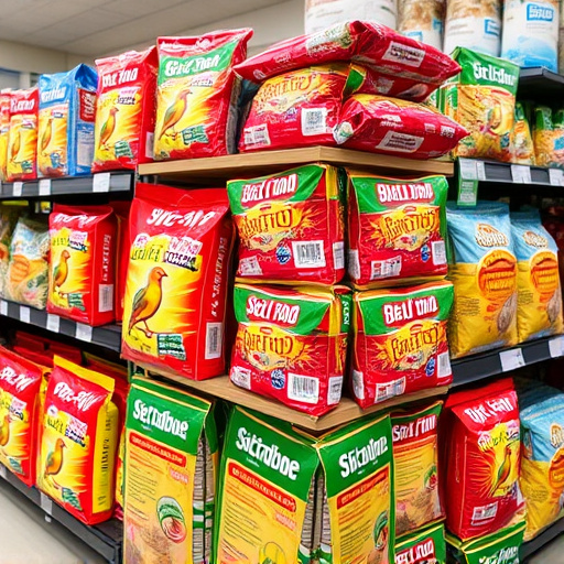 Discounted bird food stacked in store