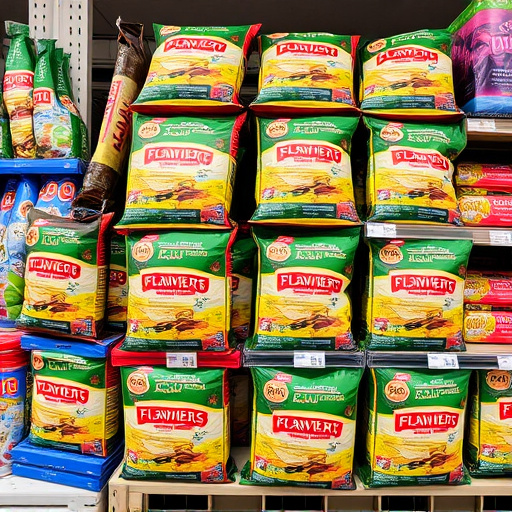 Discounted bird food stacked in store