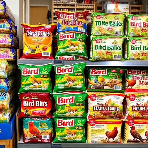 Discounted bird food stacked in store