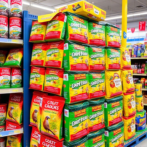 Discounted bird food stacked in store