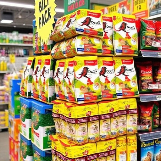 Discounted bird food stacked in store