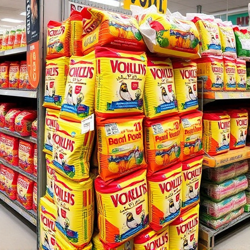 Discounted bird food stacked in store