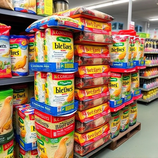 Discounted bird food stacked in store