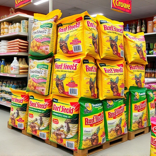 Discounted bird food stacked in store