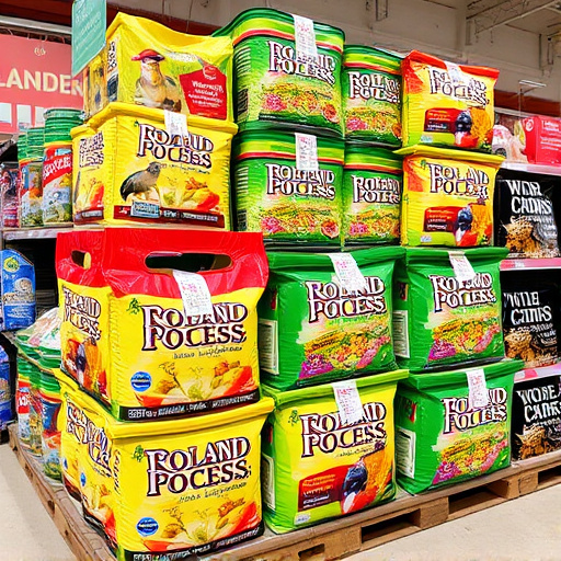 Discounted bird food stacked in store