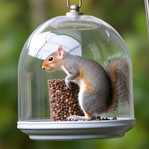 Dome-covered feeder deterring grey squirrel