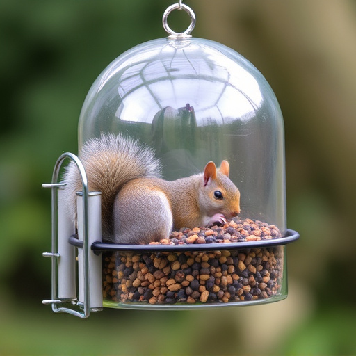 Dome-covered feeder deterring grey squirrel