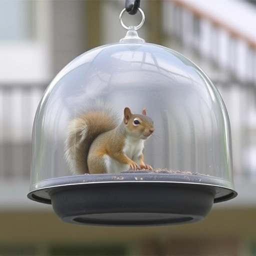 Dome-covered feeder deterring grey squirrel