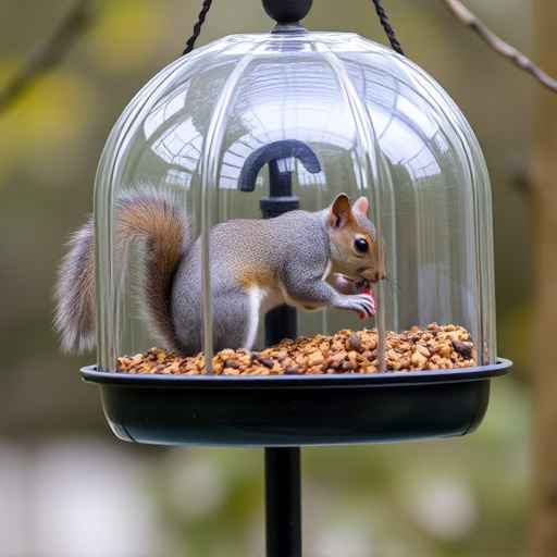 Dome-covered feeder deterring grey squirrel