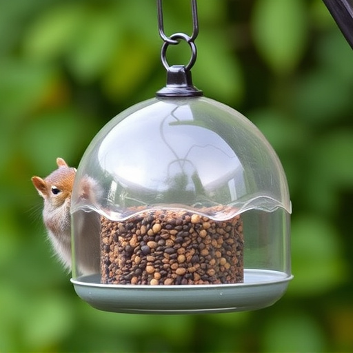 Dome-covered feeder deterring grey squirrel