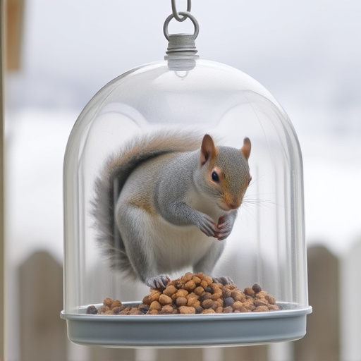 Dome-covered feeder deterring grey squirrel