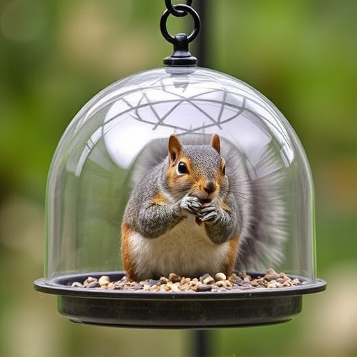 Dome-covered feeder deterring grey squirrel