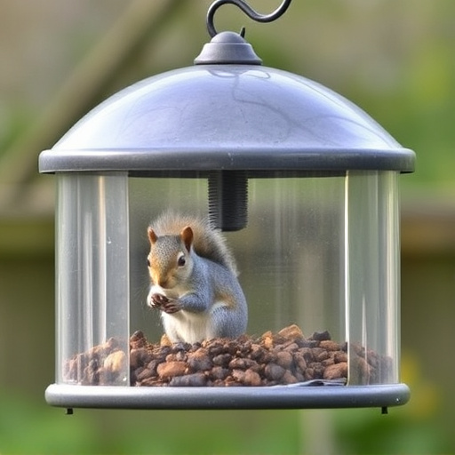 Dome-covered feeder deterring grey squirrel