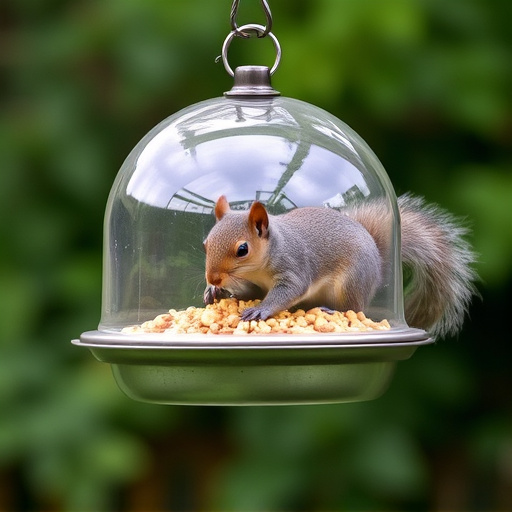 Dome-covered feeder deterring grey squirrel