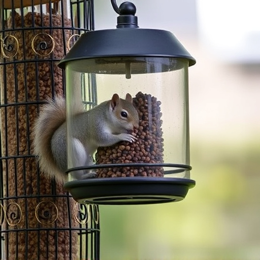 Dome-covered feeder deterring grey squirrel