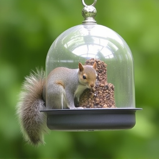 Dome-covered feeder deterring grey squirrel