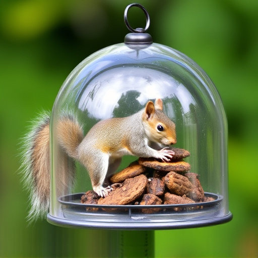 Dome-covered feeder deterring grey squirrel