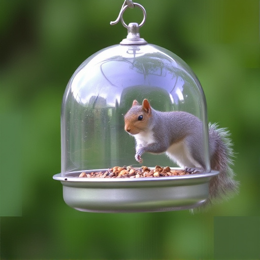 Dome-covered feeder deterring grey squirrel